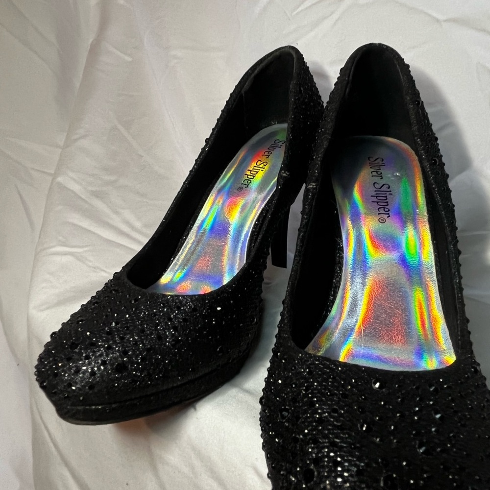 ~Silver Slipper Black beaded High heels~